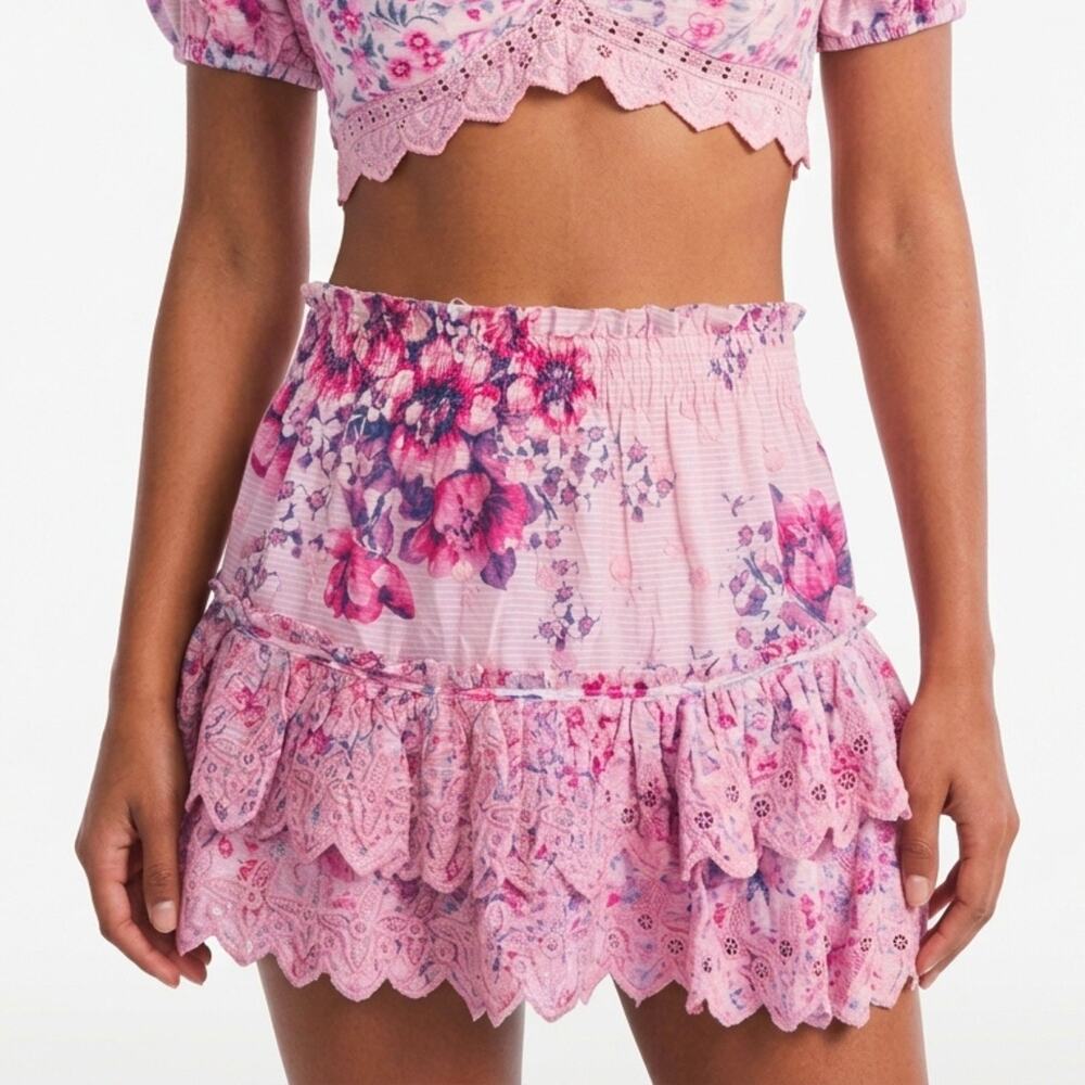 LoveShackFancy Floral Mini Skirt Cairo Ruffled Coquette Cottagecore Pink Size XS